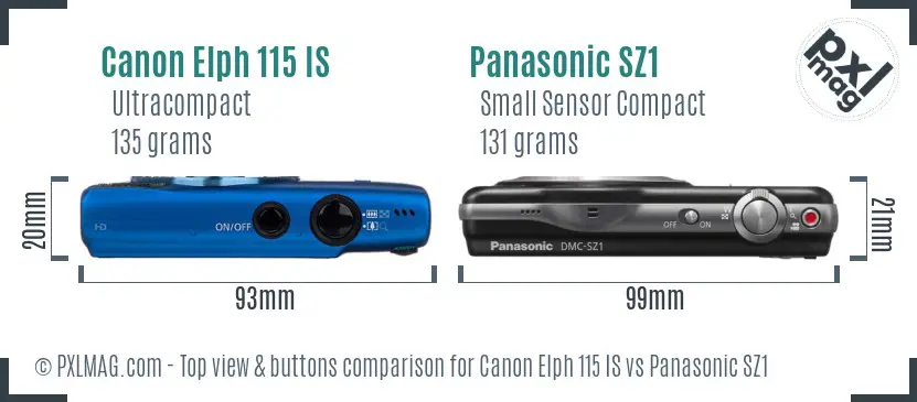 Canon Elph 115 IS vs Panasonic SZ1 top view buttons comparison