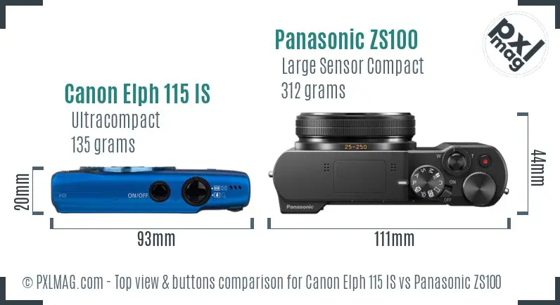 Canon Elph 115 IS vs Panasonic ZS100 top view buttons comparison Canon Elph 115 IS vs Panasonic ZS100 top view buttons comparison