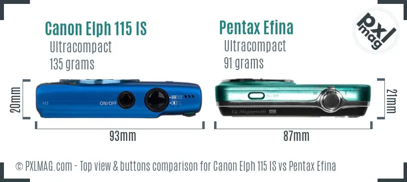 Canon Elph 115 IS vs Pentax Efina top view buttons comparison Canon Elph 115 IS vs Pentax Efina top view buttons comparison