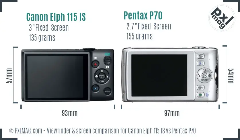 Canon Elph 115 IS vs Pentax P70 Screen and Viewfinder comparison