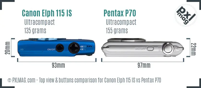 Canon Elph 115 IS vs Pentax P70 top view buttons comparison