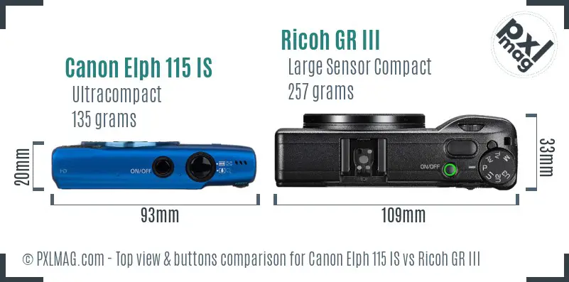 Canon Elph 115 IS vs Ricoh GR III top view buttons comparison Canon Elph 115 IS vs Ricoh GR III top view buttons comparison