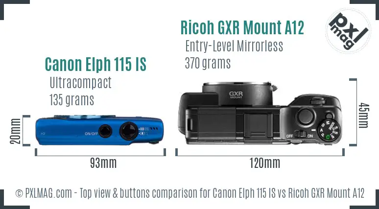 Canon Elph 115 IS vs Ricoh GXR Mount A12 top view buttons comparison Canon Elph 115 IS vs Ricoh GXR Mount A12 top view buttons comparison