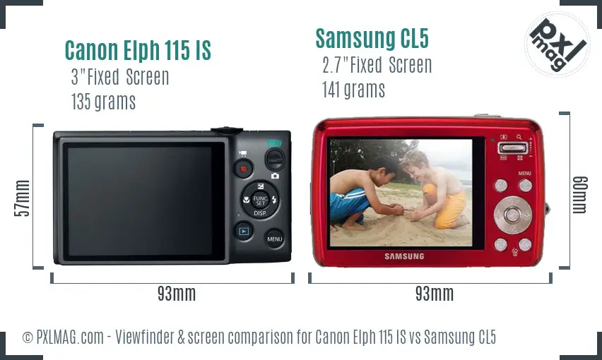 Canon Elph 115 IS vs Samsung CL5 Screen and Viewfinder comparison