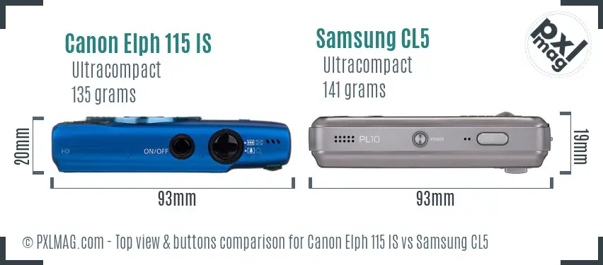 Canon Elph 115 IS vs Samsung CL5 top view buttons comparison