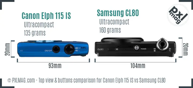 Canon Elph 115 IS vs Samsung CL80 top view buttons comparison