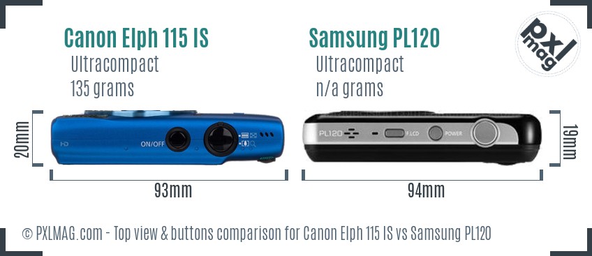 Canon Elph 115 IS vs Samsung PL120 top view buttons comparison
