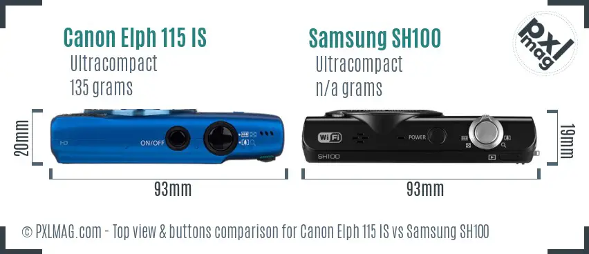 Canon Elph 115 IS vs Samsung SH100 top view buttons comparison