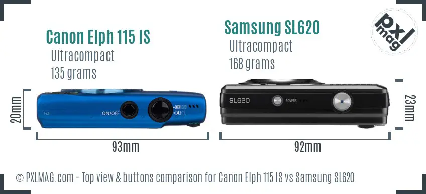 Canon Elph 115 IS vs Samsung SL620 top view buttons comparison