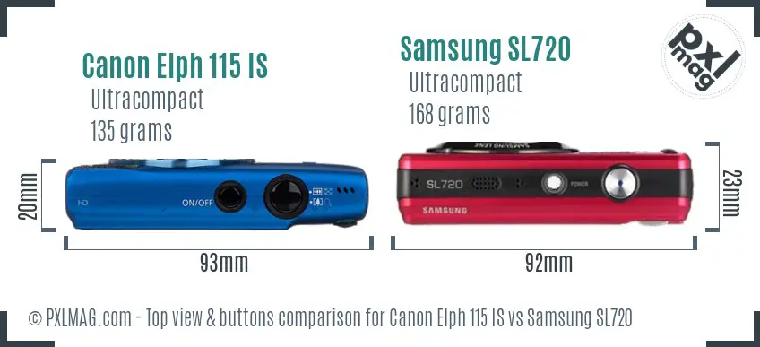 Canon Elph 115 IS vs Samsung SL720 top view buttons comparison