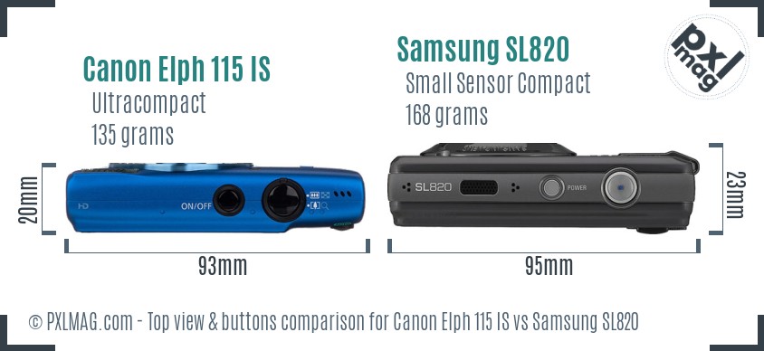 Canon Elph 115 IS vs Samsung SL820 top view buttons comparison