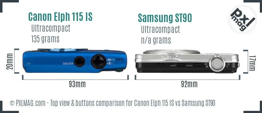 Canon Elph 115 IS vs Samsung ST90 top view buttons comparison