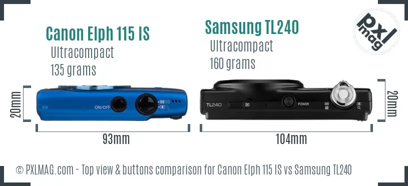 Canon Elph 115 IS vs Samsung TL240 top view buttons comparison