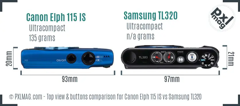 Canon Elph 115 IS vs Samsung TL320 top view buttons comparison