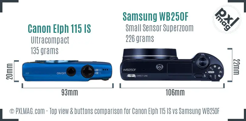 Canon Elph 115 IS vs Samsung WB250F top view buttons comparison