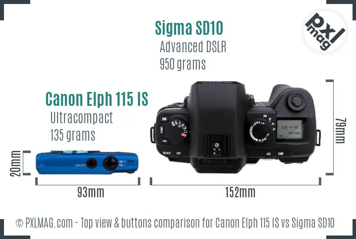 Canon Elph 115 IS vs Sigma SD10 top view buttons comparison Canon Elph 115 IS vs Sigma SD10 top view buttons comparison