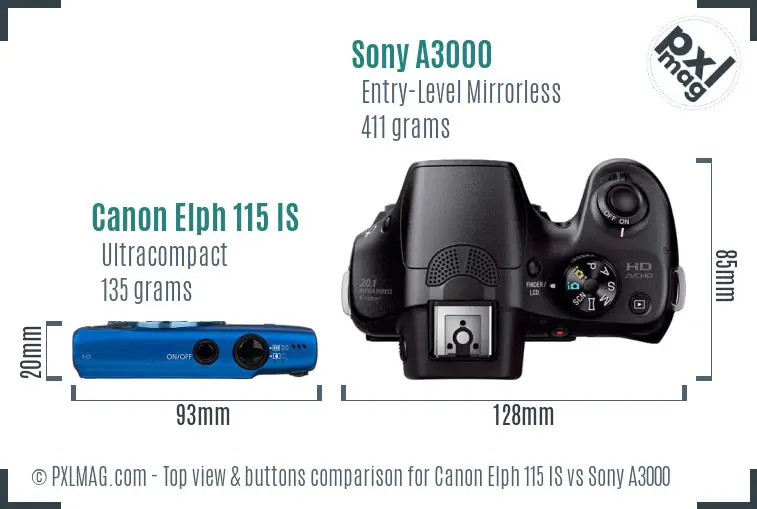 Canon Elph 115 IS vs Sony A3000 top view buttons comparison Canon Elph 115 IS vs Sony A3000 top view buttons comparison