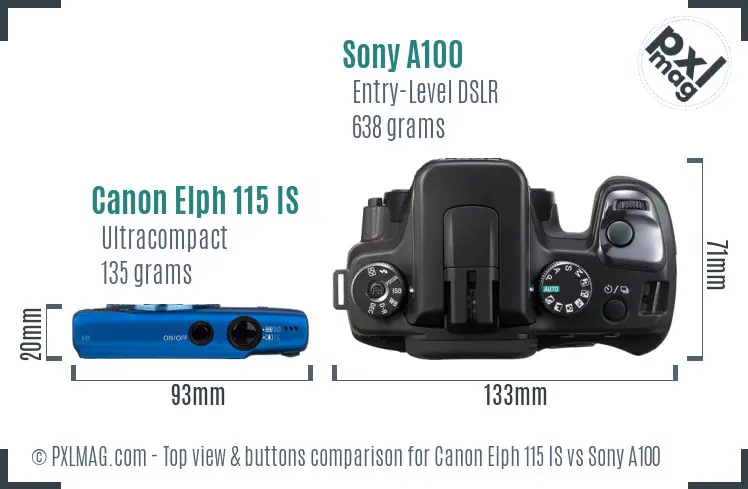 Canon Elph 115 IS vs Sony A100 top view buttons comparison