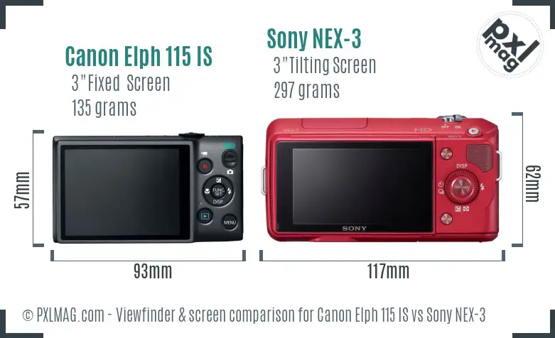 Canon Elph 115 IS vs Sony NEX-3 Screen and Viewfinder comparison