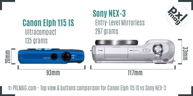 Canon Elph 115 IS vs Sony NEX-3 top view buttons comparison