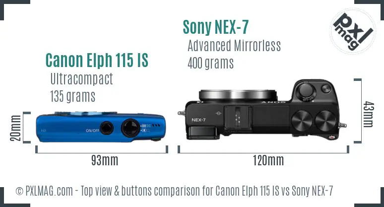 Canon Elph 115 IS vs Sony NEX-7 top view buttons comparison