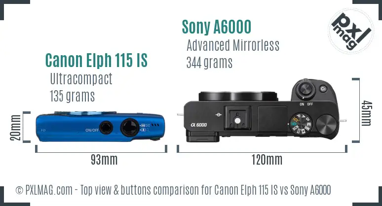 Canon Elph 115 IS vs Sony A6000 top view buttons comparison