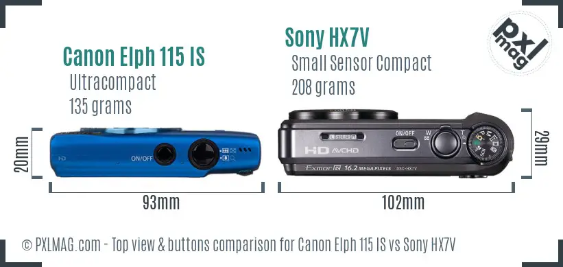 Canon Elph 115 IS vs Sony HX7V top view buttons comparison