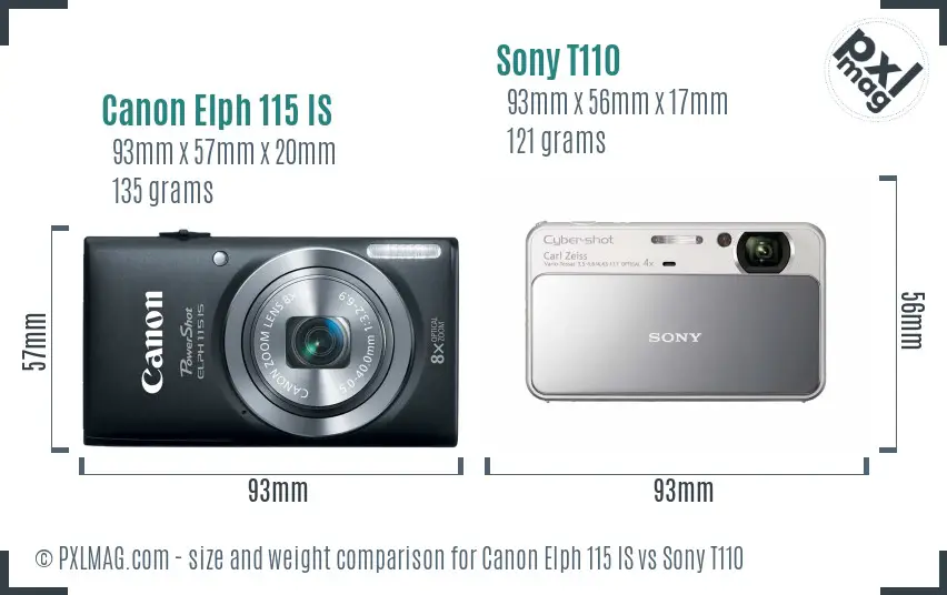 Canon Elph 115 IS vs Sony T110 size comparison