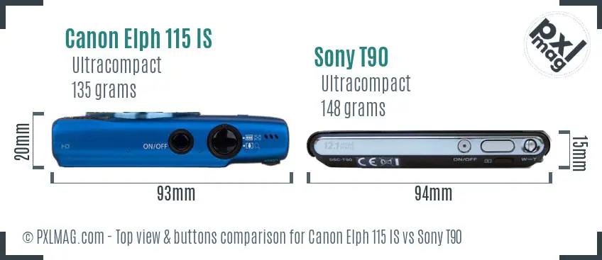 Canon Elph 115 IS vs Sony T90 top view buttons comparison Canon Elph 115 IS vs Sony T90 top view buttons comparison