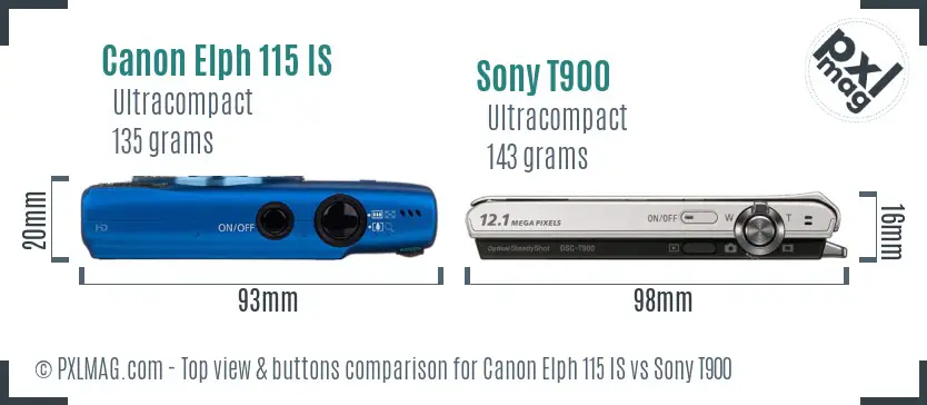 Canon Elph 115 IS vs Sony T900 top view buttons comparison