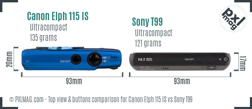 Canon Elph 115 IS vs Sony T99 top view buttons comparison