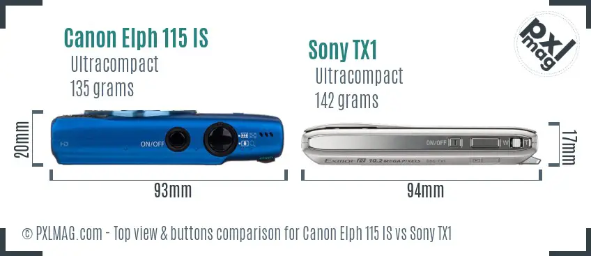 Canon Elph 115 IS vs Sony TX1 top view buttons comparison
