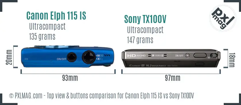 Canon Elph 115 IS vs Sony TX100V top view buttons comparison