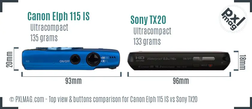 Canon Elph 115 IS vs Sony TX20 top view buttons comparison