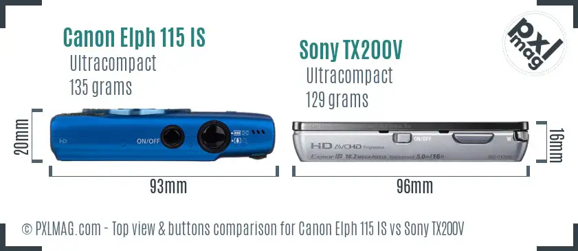 Canon Elph 115 IS vs Sony TX200V top view buttons comparison
