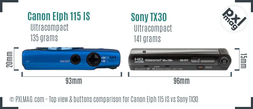 Canon Elph 115 IS vs Sony TX30 top view buttons comparison