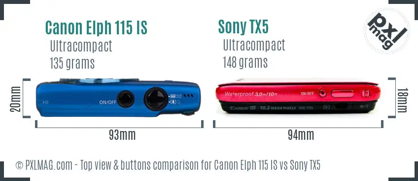 Canon Elph 115 IS vs Sony TX5 top view buttons comparison