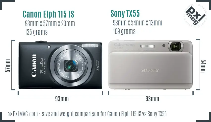 Canon Elph 115 IS vs Sony TX55 size comparison