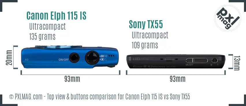 Canon Elph 115 IS vs Sony TX55 top view buttons comparison