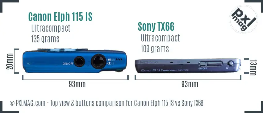 Canon Elph 115 IS vs Sony TX66 top view buttons comparison