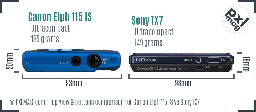 Canon Elph 115 IS vs Sony TX7 top view buttons comparison