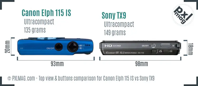 Canon Elph 115 IS vs Sony TX9 top view buttons comparison