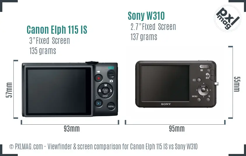 Canon Elph 115 IS vs Sony W310 Screen and Viewfinder comparison