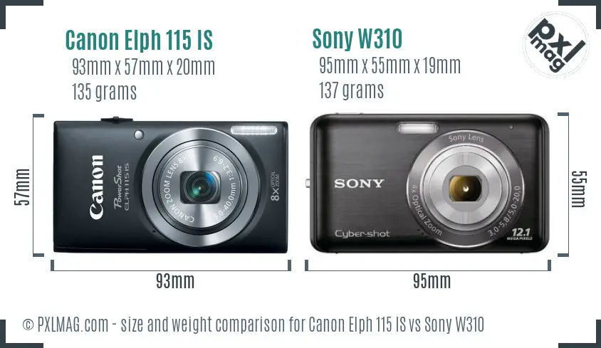Canon Elph 115 IS vs Sony W310 size comparison