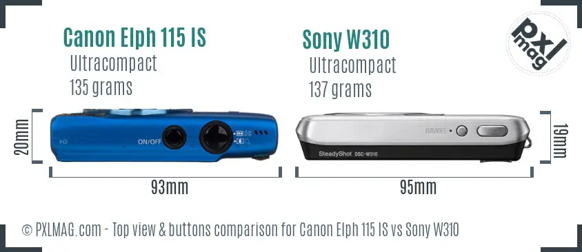 Canon Elph 115 IS vs Sony W310 top view buttons comparison