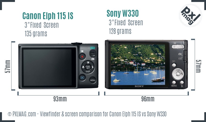 Canon Elph 115 IS vs Sony W330 Screen and Viewfinder comparison