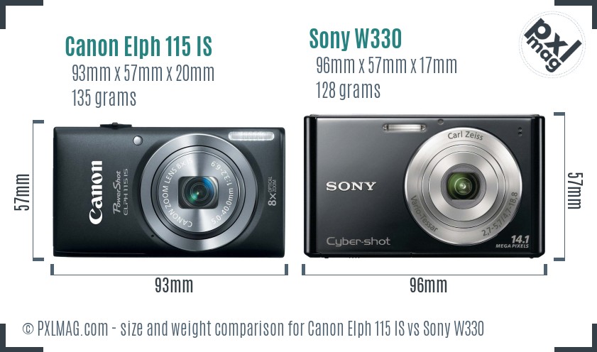 Canon Elph 115 IS vs Sony W330 size comparison