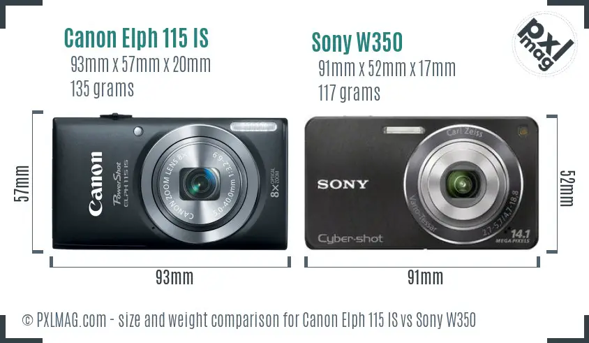 Canon Elph 115 IS vs Sony W350 size comparison