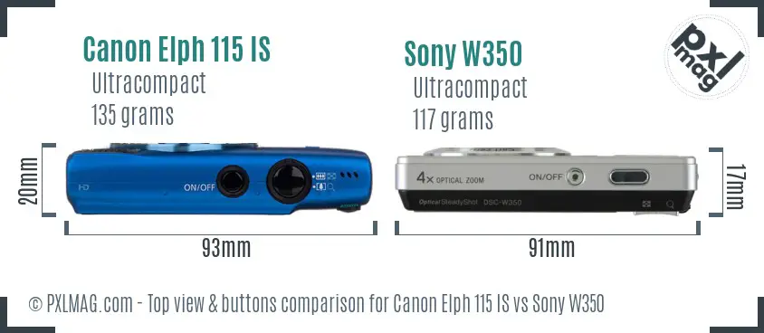 Canon Elph 115 IS vs Sony W350 top view buttons comparison