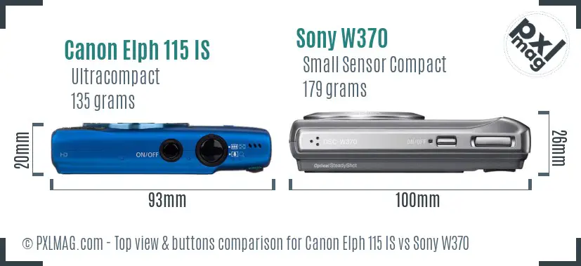 Canon Elph 115 IS vs Sony W370 top view buttons comparison Canon Elph 115 IS vs Sony W370 top view buttons comparison